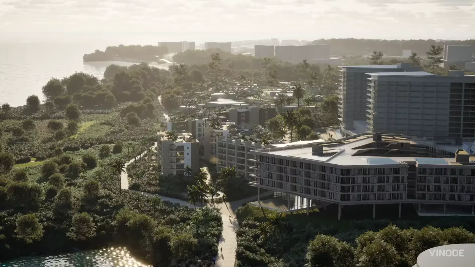 Aerial 3D render of a waterfront residential development with mid-rise and high-rise apartment buildings surrounded by tropical vegetation and waterways