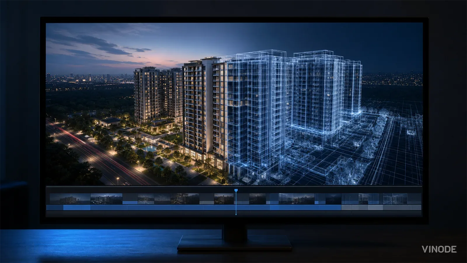 Monitor displays apartment towers transitioning into glowing architectural wireframes