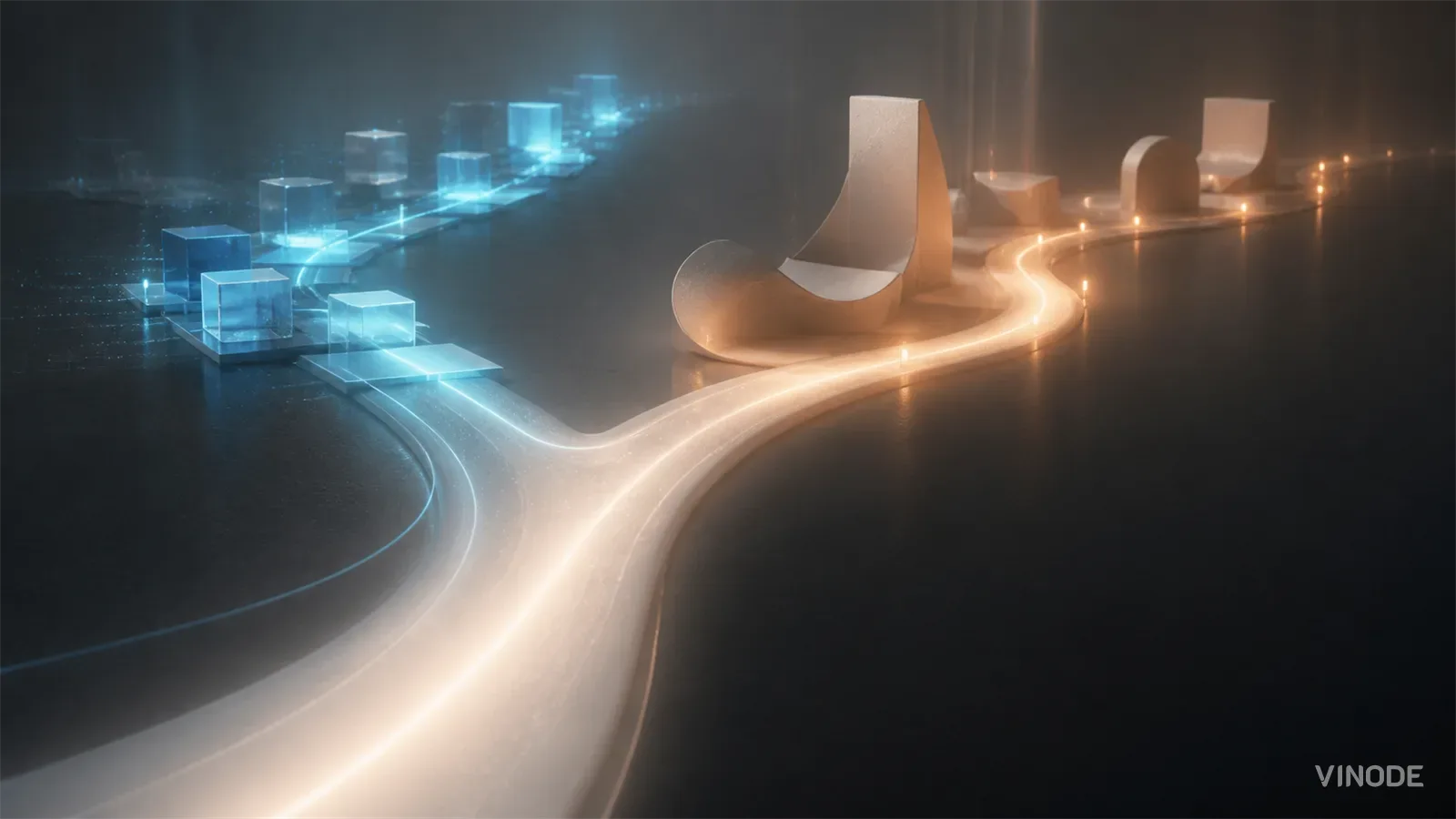 Glowing blue and amber paths wind between abstract geometric forms