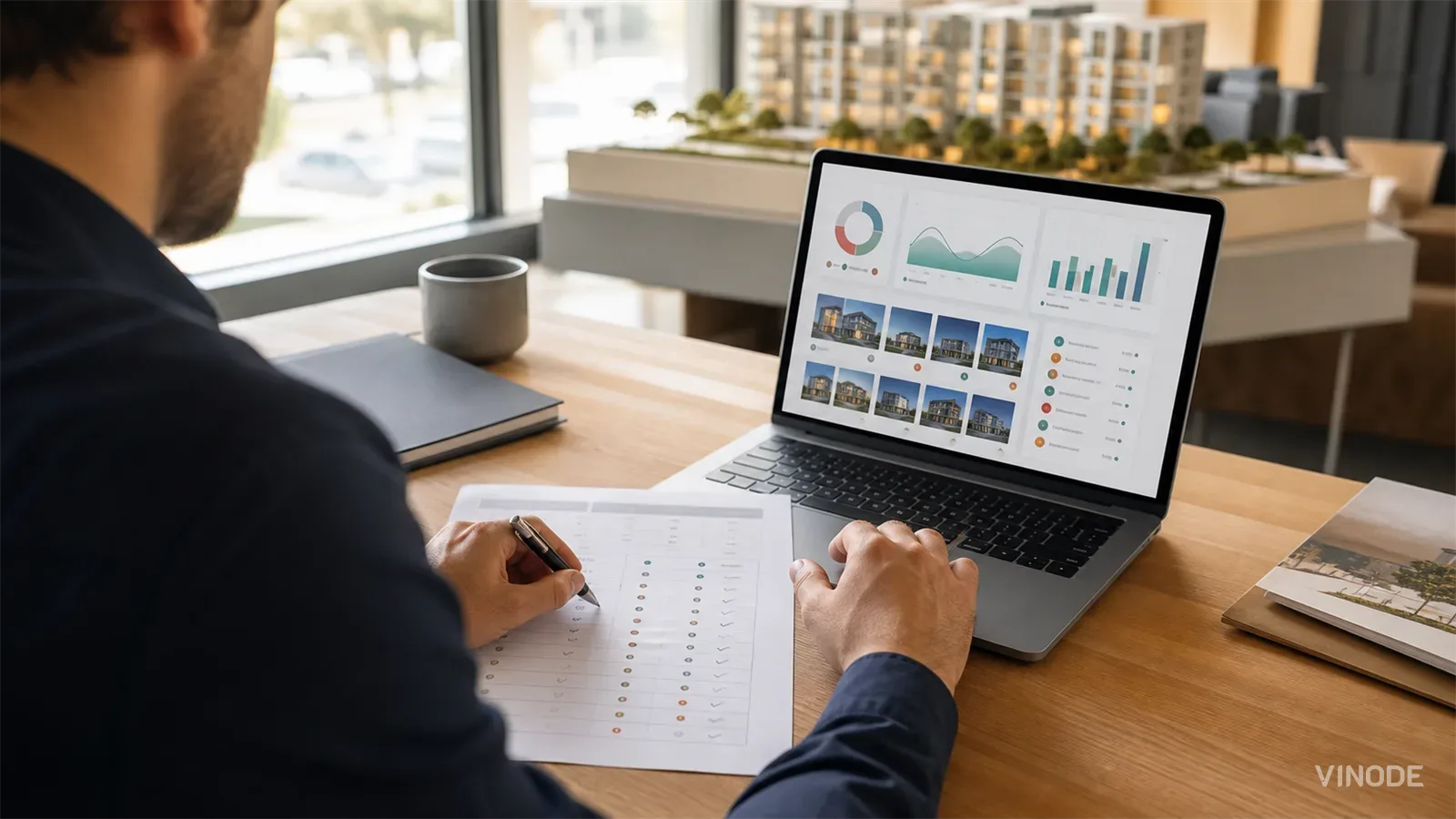 Man works beside a laptop displaying property charts and thumbnails