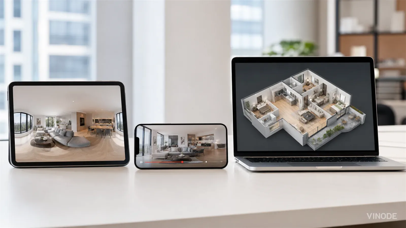 Tablet, phone, and laptop showing a 360 tour, video walkthrough, and 3D floor plan