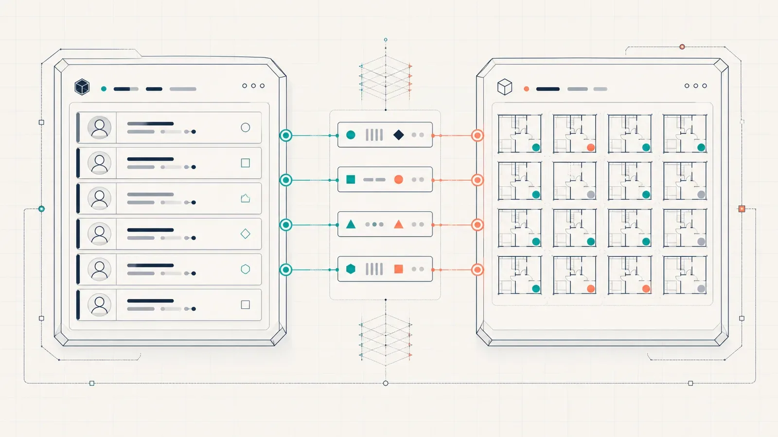 Two outlined interface panels connected by colored data lines