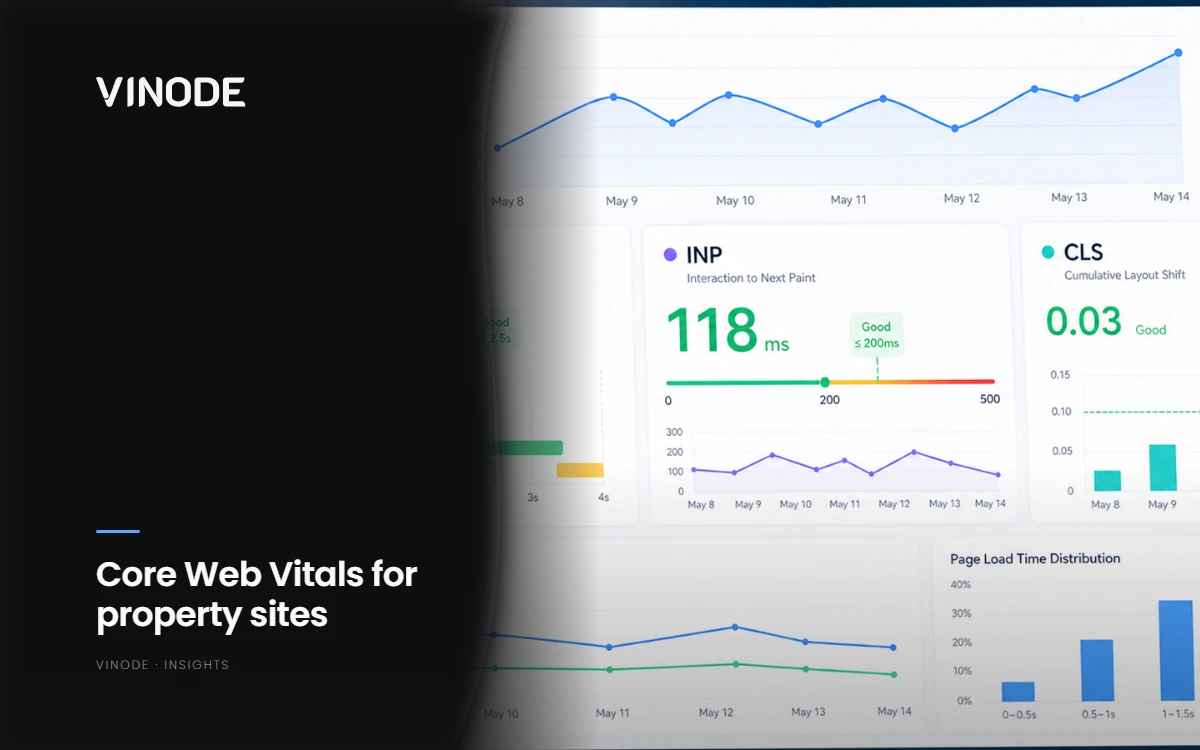 Core Web Vitals dashboard with INP, CLS metrics and load-time charts