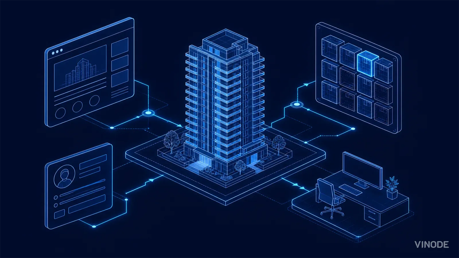 Glowing blueprint tower connected to four outlined digital panels