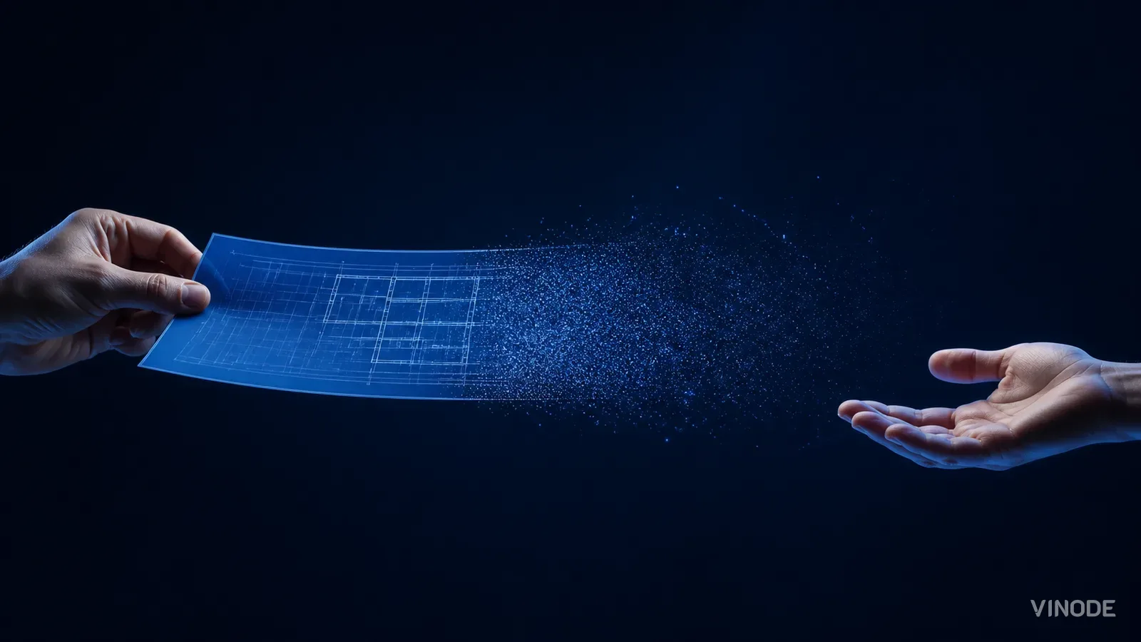 Two hands reach toward a dissolving blue architectural blueprint