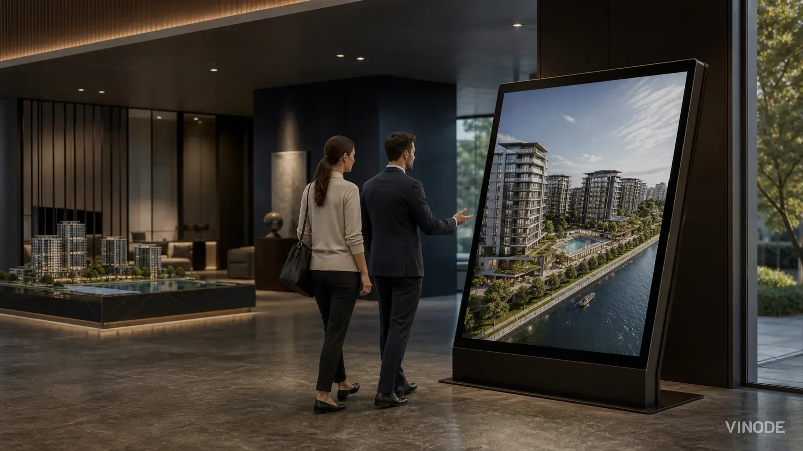 Two people viewing a waterfront 3D development on a showroom kiosk screen
