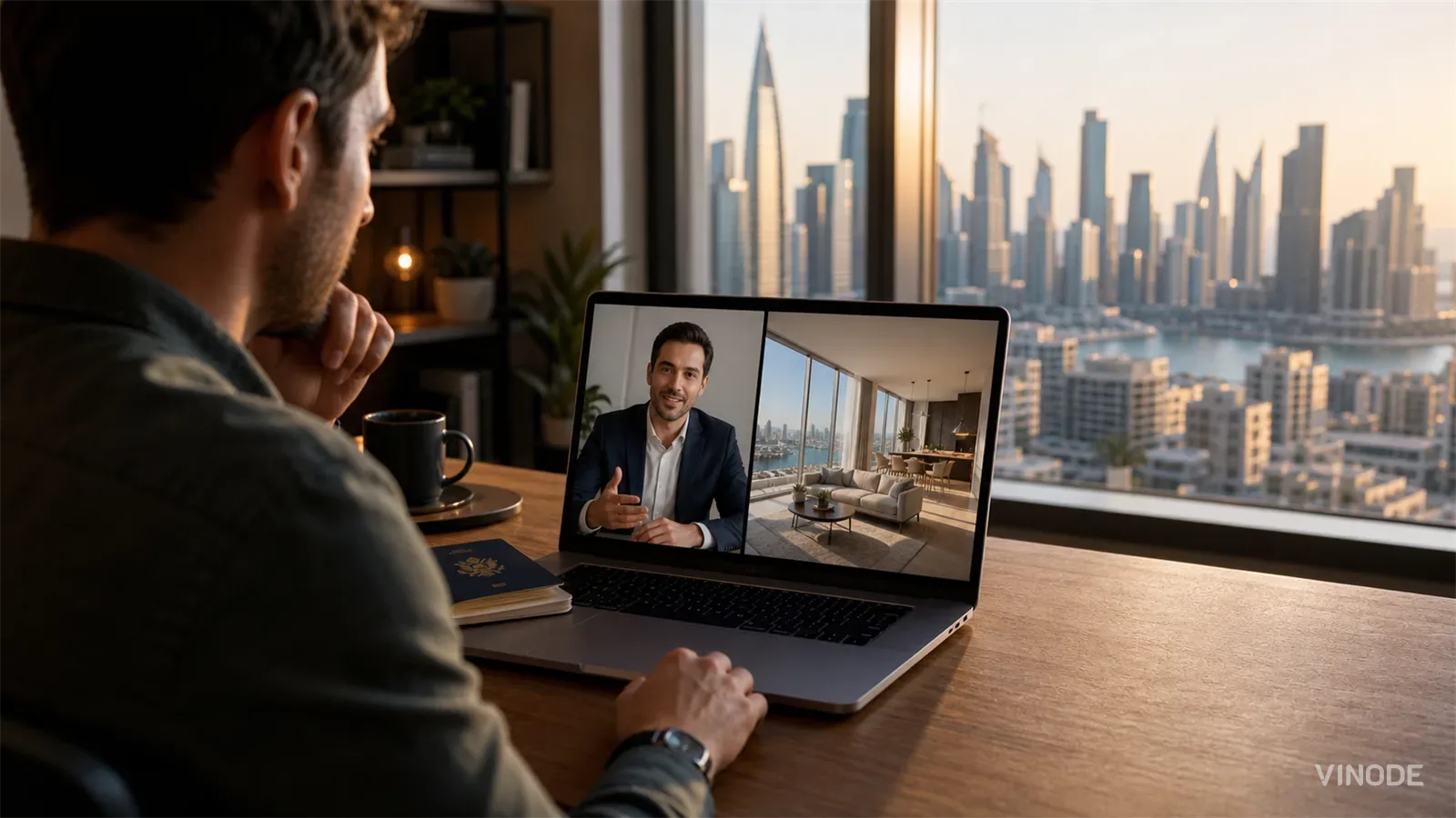 Person at a desk on a video call, laptop showing a 3D apartment interior render