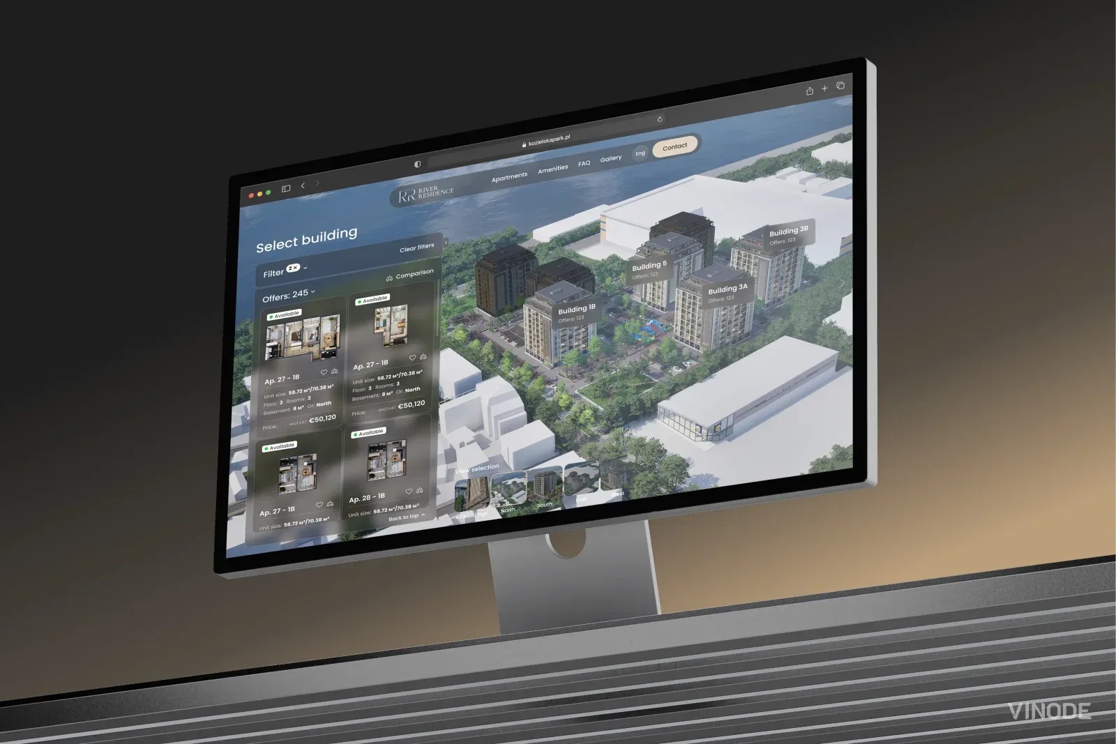 Desktop monitor showing a real estate website with an aerial 3D development render