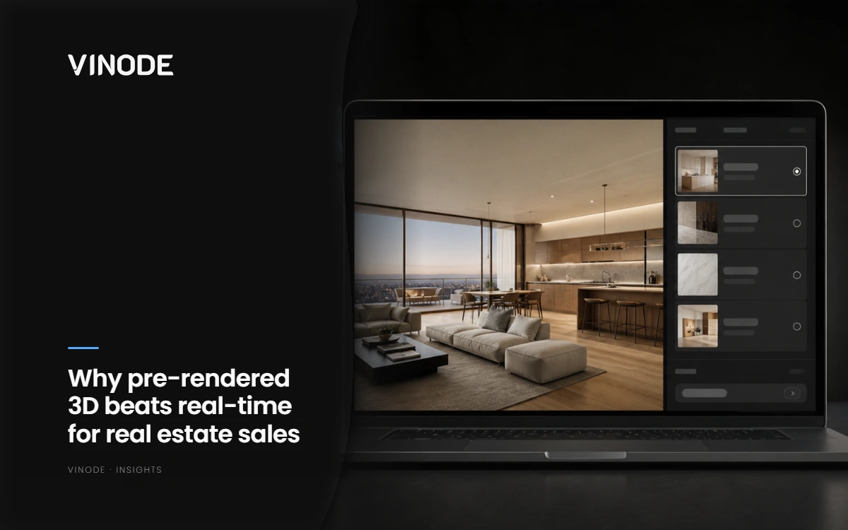 Laptop showing an open-plan interior render with room thumbnails
