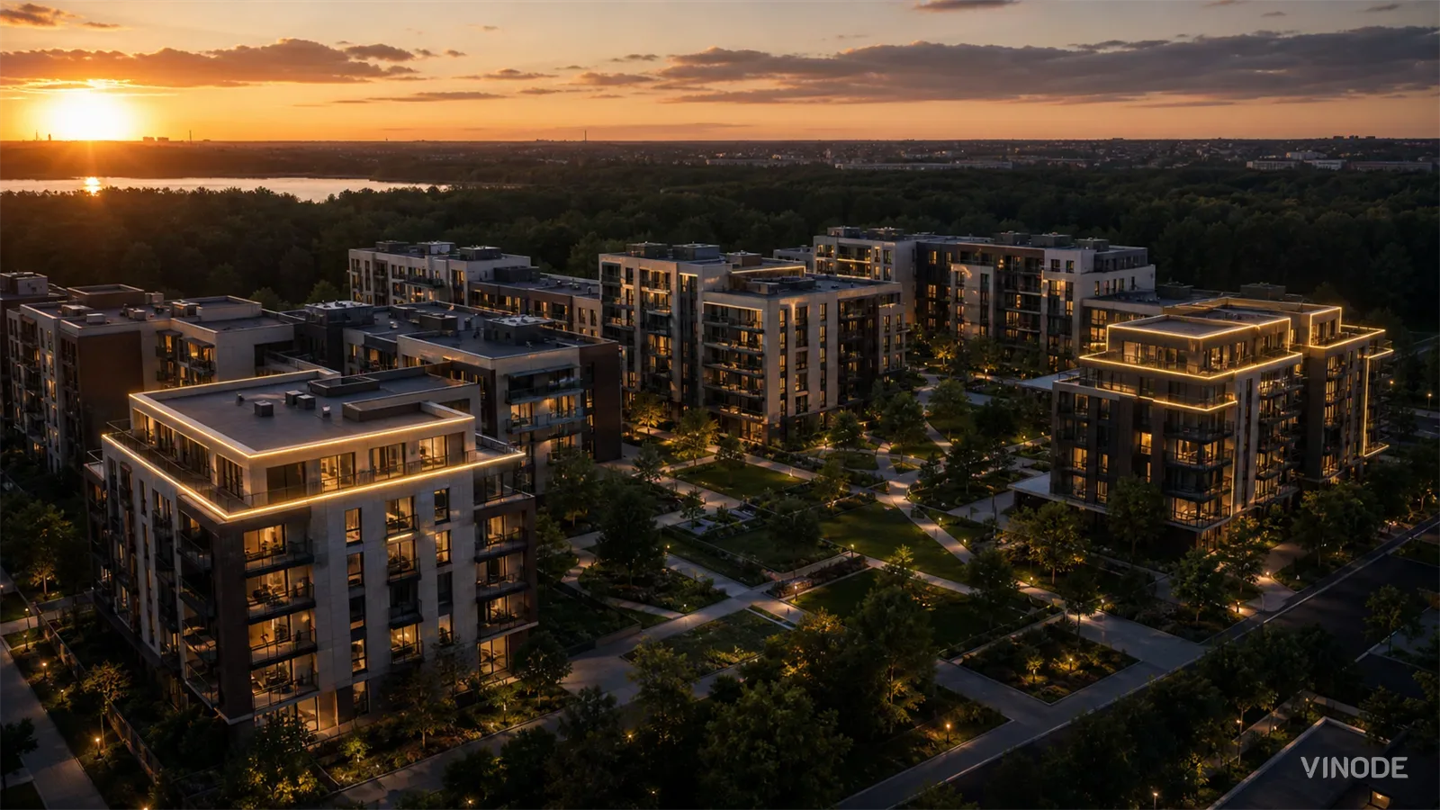 Aerial dusk photo of residential buildings with glowing windows