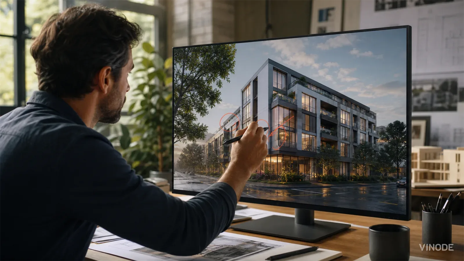 A man pointing at a monitor showing a 3D residential building render at dusk