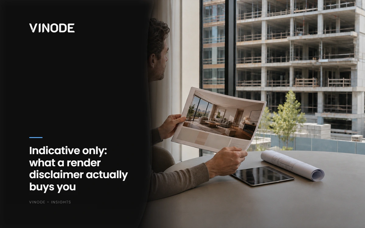 Man holds a printed interior image beside a construction site