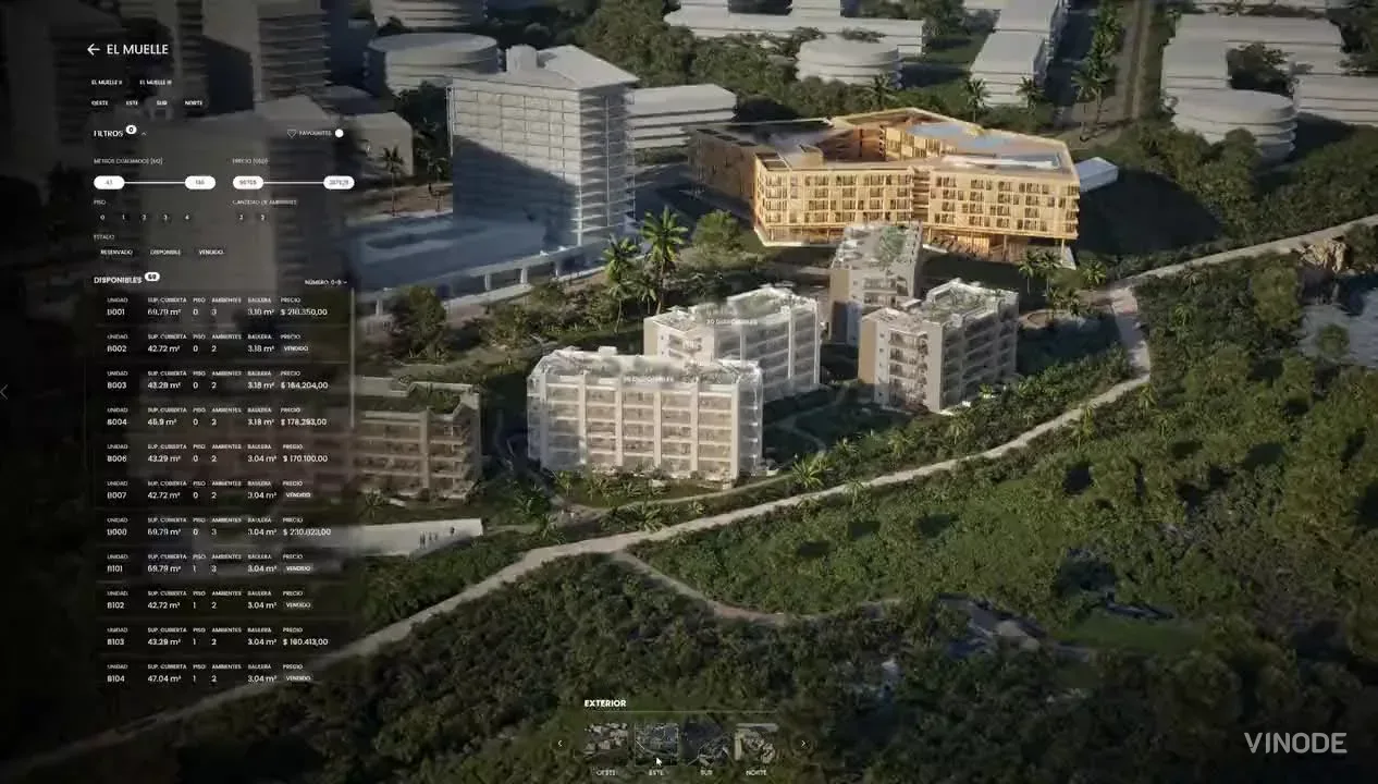 Aerial view of a tropical residential development with a unit availability panel listing apartment sizes, prices, and status