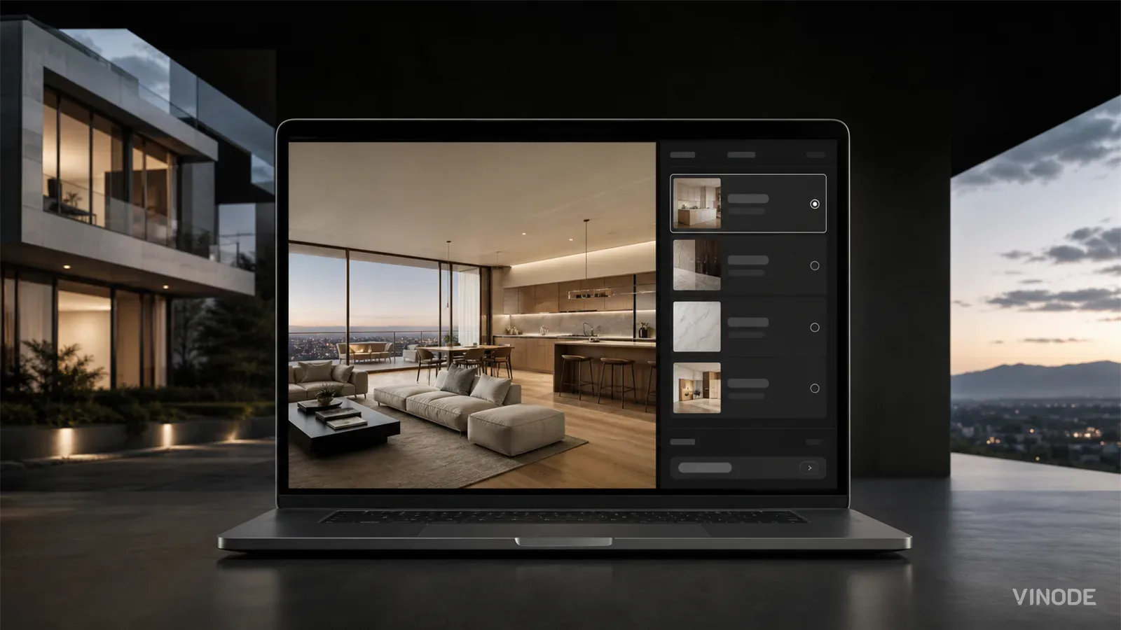 Laptop showing an apartment interior render beside a panel of configuration thumbnails