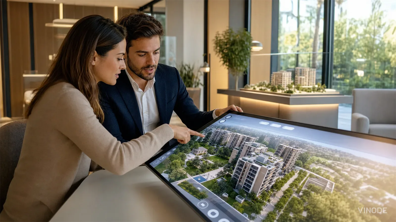 A sales consultant and a prospective buyer sit side by side at a sunlit showroom table, both looking at a large touchscreen showing a 3D aerial view of a residential development, with a scale model of the buildings on a counter behind them.