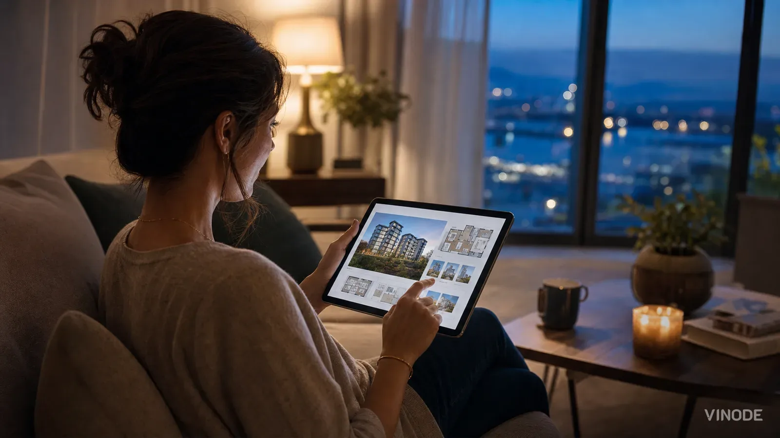 Woman browses building images and floor plans on a tablet